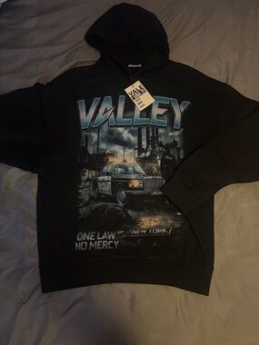 VALLEY Graphic Hoodie - Black with Teal & Gray Print